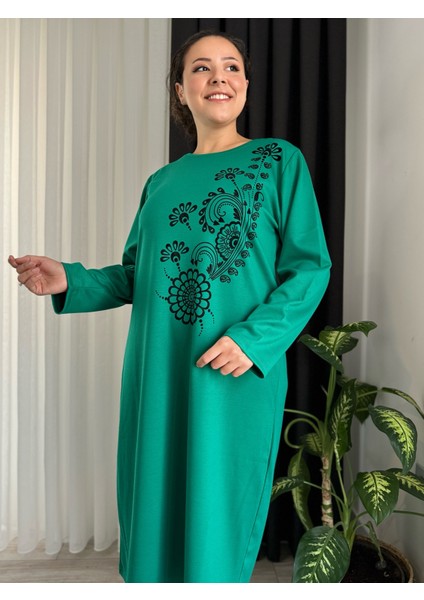 Kadın Büyük Beden Flok Baskı Detay Esnek Çelik Interlok Elbise fırsatları