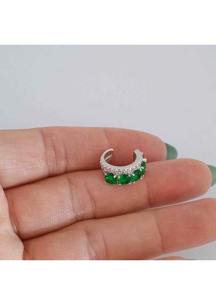 Pirinç Silver Yeşil Zirkon Taşlı Kıkırdak Küpe