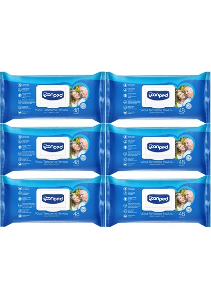 Hasta Vücut Perine Temizleme Islak Mendil Havlu 48 Yaprak Xl (6 Lı Set) Plastik Kapaklı