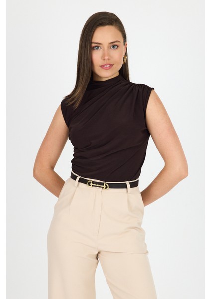 Acı Kahve Kolsuz Büzgülü Sandy Bluz 2430