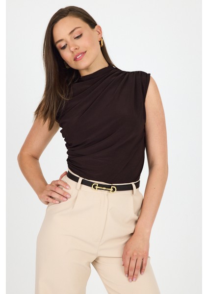 Acı Kahve Kolsuz Büzgülü Sandy Bluz 2430 fiyatları