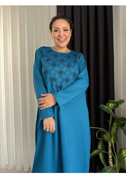 Kadın Büyük Beden Flok Baskı Detay Esnek Çelik Interlok Elbise