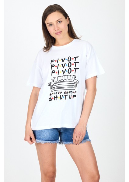 Beyaz Yazı Baskılı %100 Pamuk Oversize Tişört 2150-10M