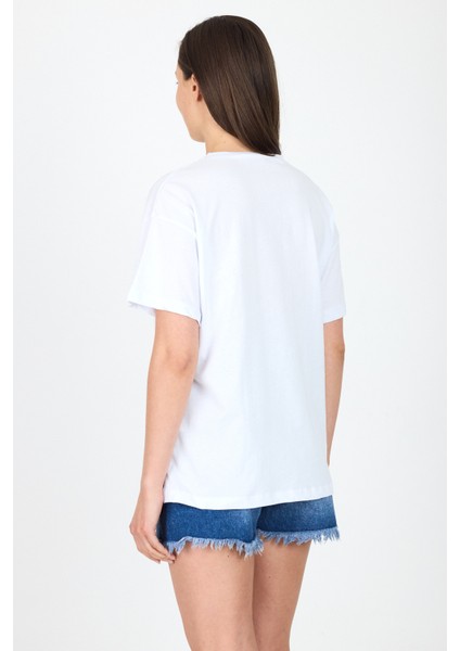 Beyaz Yazı Baskılı %100 Pamuk Oversize Tişört 2150-10M indirimleri