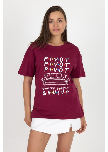 Bordo Yazı Baskılı %100 Pamuk Oversize Tişört 2150-10M