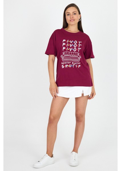 Bordo Yazı Baskılı %100 Pamuk Oversize Tişört 2150-10M fiyatları