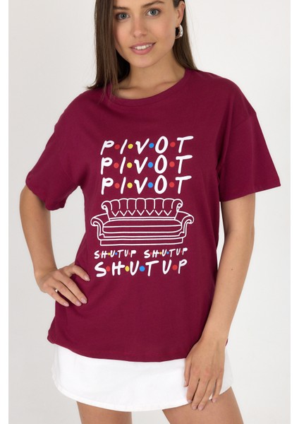 Bordo Yazı Baskılı %100 Pamuk Oversize Tişört 2150-10M modelleri