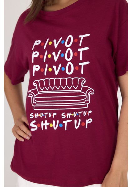 Bordo Yazı Baskılı %100 Pamuk Oversize Tişört 2150-10M fırsatları