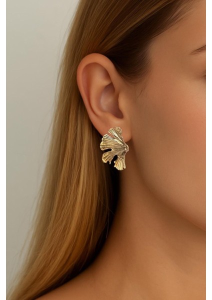 Gold Çizgili Çiçek Küpe