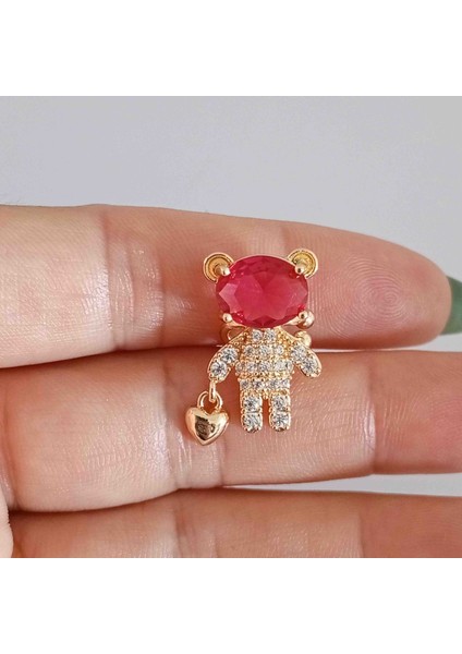 Pirinç Gold Tekli Fuşya Zirkon Taşlı Ayıcıklı Kıkırdak Küpe