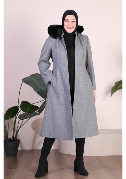 Kadin Büyük Beden Pardesü Kapşonu Kürklü Fermuarlı