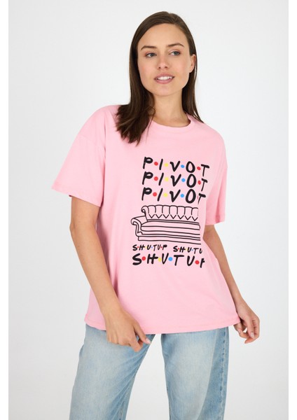 Pembe Yazı Baskılı %100 Pamuk Oversize Tişört 2150-10M