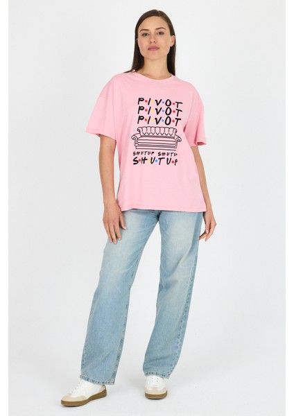 Pembe Yazı Baskılı %100 Pamuk Oversize Tişört 2150-10M fiyatları