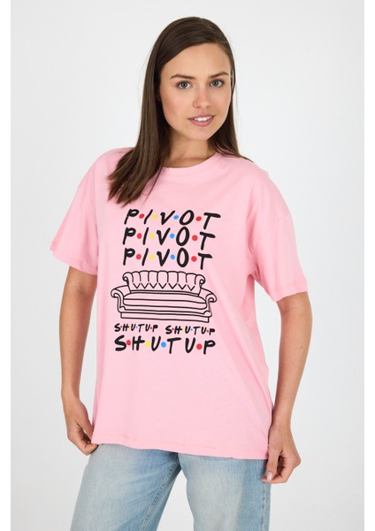 Pembe Yazı Baskılı %100 Pamuk Oversize Tişört 2150-10M modelleri