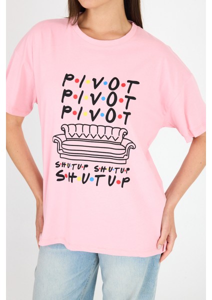 Pembe Yazı Baskılı %100 Pamuk Oversize Tişört 2150-10M fırsatları