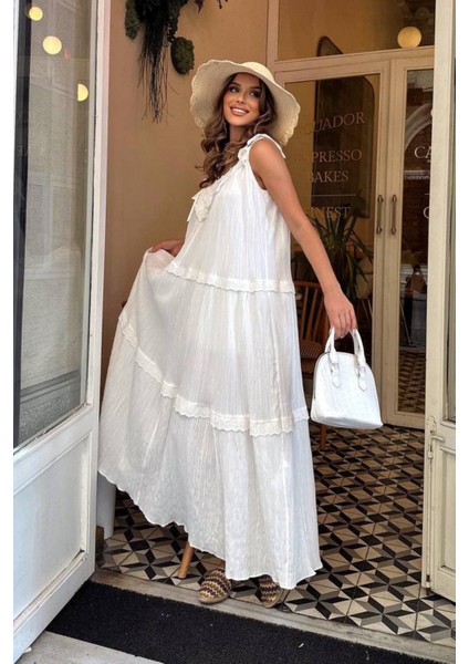 Kadın Yazlık Gofre Kumaş Elbise – Ekru (Kırık Beyaz), Ayarlanabilir Askılı, Fistolu, Astarlı, Oversize Model – 6009