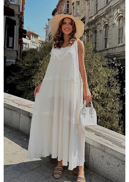 Kadın Yazlık Gofre Kumaş Elbise – Ekru (Kırık Beyaz), Ayarlanabilir Askılı, Fistolu, Astarlı, Oversize Model – 6009