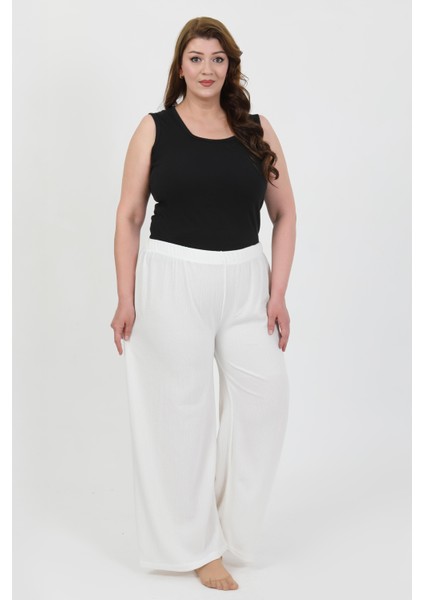 Kadın Büyük Beden Bürümcük Pantolon 210076 Beyaz