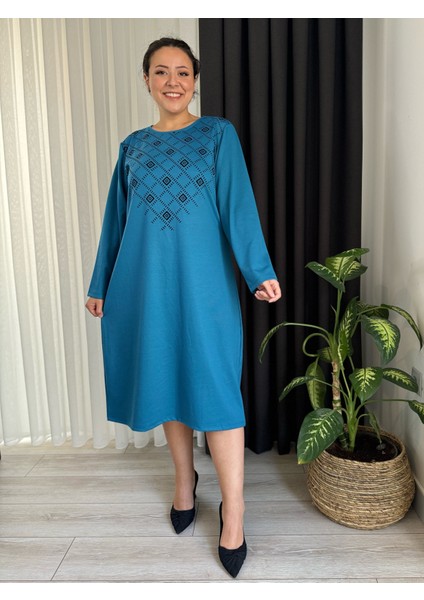 Kadın Büyük Beden Flok Baskı Detay Esnek Çelik Interlok Elbise modelleri