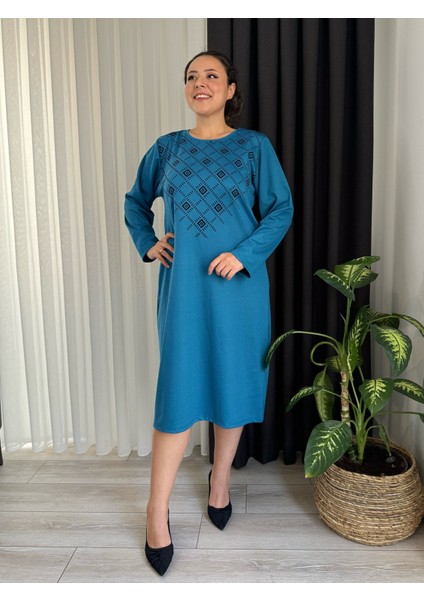 Kadın Büyük Beden Flok Baskı Detay Esnek Çelik Interlok Elbise fırsatları