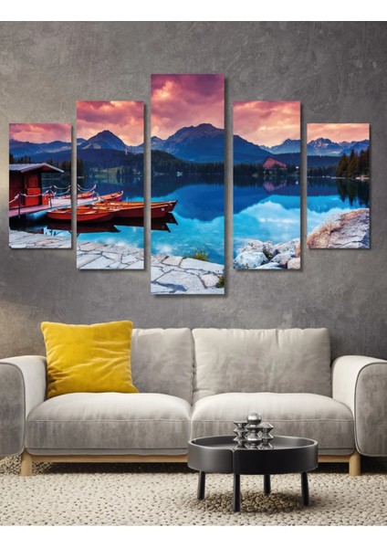 5 Parça Ahşap Göl Kayık Manzara Duvar Dekoru Salon Oturma Yatak Odası Için 110X60CM Tablo Seti