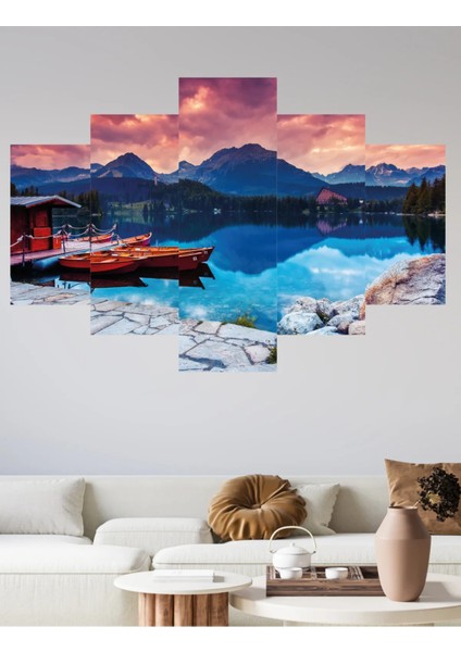 5 Parça Ahşap Göl Kayık Manzara Duvar Dekoru Salon Oturma Yatak Odası Için 110X60CM Tablo Seti