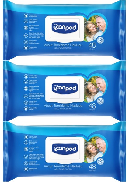 Hasta Vücut Perine Temizleme Islak Mendil Havlu 48 Yaprak Xl (3 Lü Set) Plastik Kapaklı
