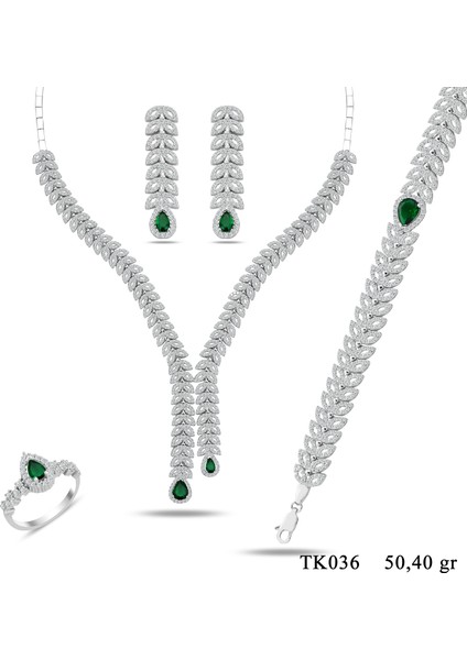 925 Ayar Gümüş Balık Model Yeşil Damla Taşlı Su Yolu Set