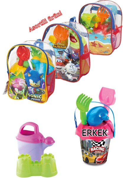 Sırt Çantalı 8 Parça Erkek Çocuk Plaj Oyuncağı Renkli Resimli Deniz Kum Kovası Oyuncak Kova Seti