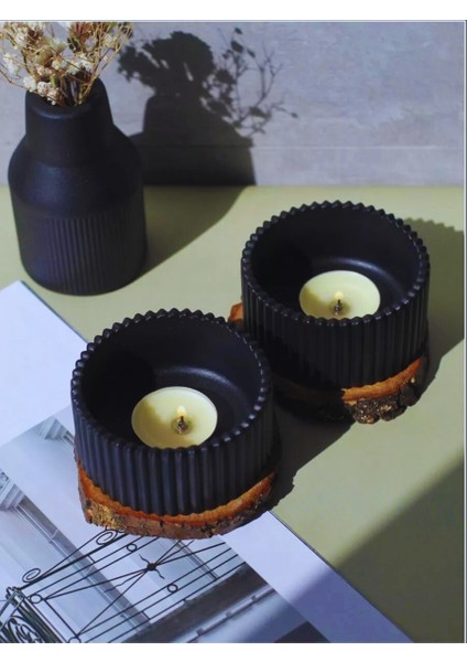 Çizgili Siyah Tealight Mumluk 2’li Set – Modern El Yapımı Dekoratif Mumluk
