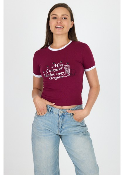 Bordo Baskılı Ribana Detaylı Pamuklu Crop Tişört 9191M