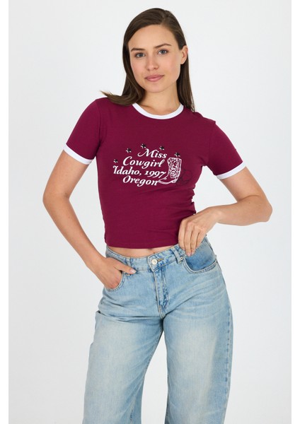 Bordo Baskılı Ribana Detaylı Pamuklu Crop Tişört 9191M fiyatları