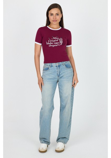 Bordo Baskılı Ribana Detaylı Pamuklu Crop Tişört 9191M modelleri