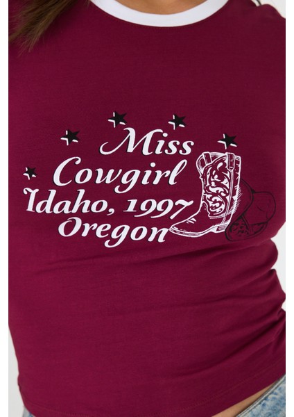 Bordo Baskılı Ribana Detaylı Pamuklu Crop Tişört 9191M fırsatları