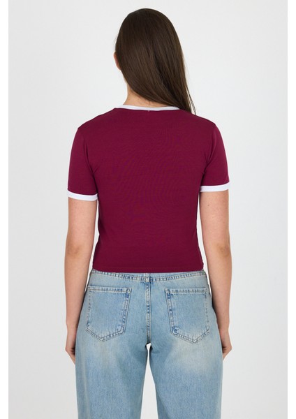 Bordo Baskılı Ribana Detaylı Pamuklu Crop Tişört 9191M indirimleri
