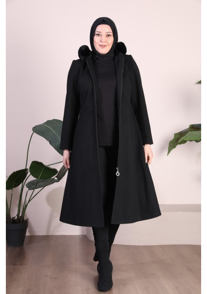 Kadin Büyük Beden Pardesü Kapşonu Kürklü Fermuarlı