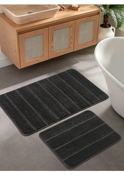 Doğal Kaymaz Taban Banyo Paspas Set Yumuşak Dokulu Su Emici Yıkanabilir Yeni Çizgili Set 50X80-50X40