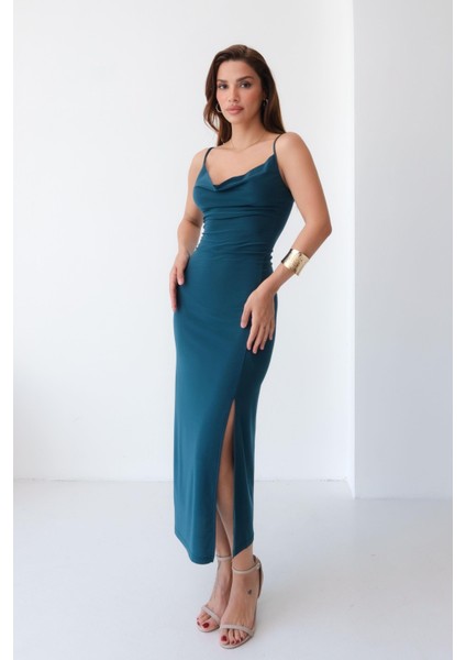 Kadın İnce Askılı Degaje Yaka Sandy Petrol Yırtmaçlı Midi Boy Elbise