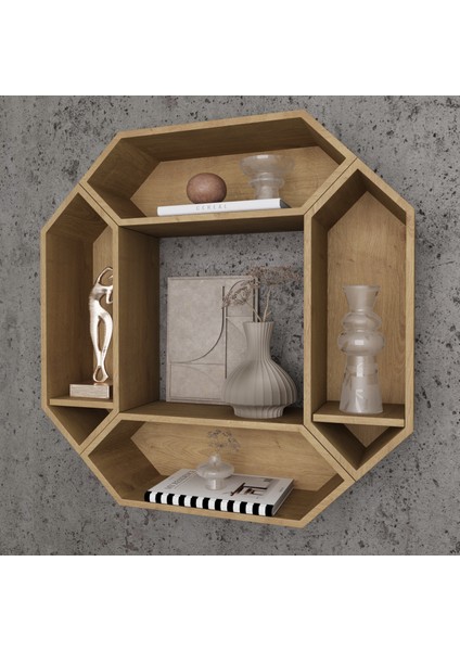 Ahşap 4'lü Altıgen Raf - Tanatone Brown