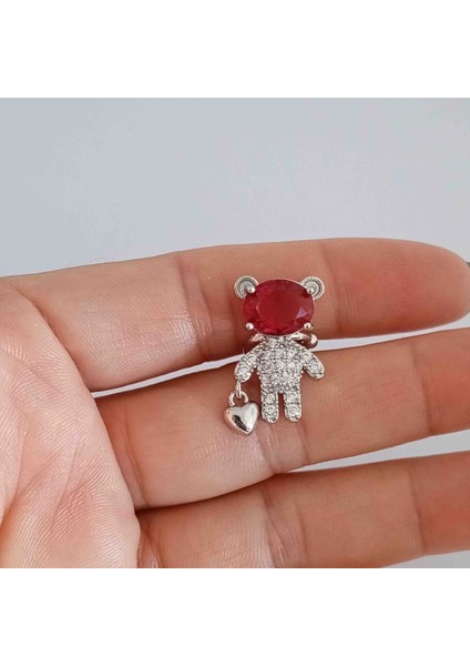 Pirinç Silver Tekli Fuşya Zirkon Taşlı Ayıcıklı Kıkırdak Küpe