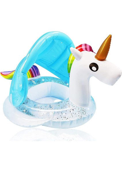 Gölgelikli Flamingo Figürlü Bebek Deniz Simidi 1-6 Yaş+Intex Şişirme Pompası+1 Adet Onarım Yaması