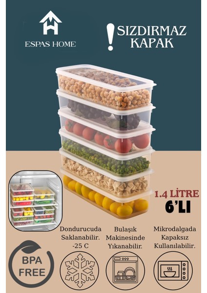 6'lı Sızdırmaz Freshbox Saklama Kabı – Mikrodalga ve Buzdolabı Uyumlu / 1400 ml - Şeffaf