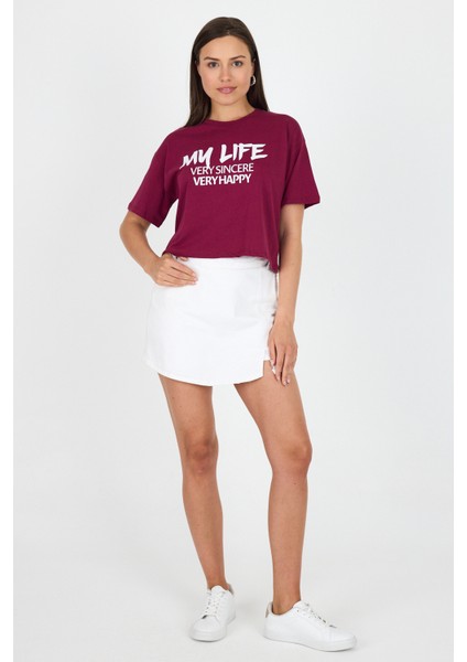 Bordo Yazı Baskılı %100 Pamuk Crop Tişört 9187M modelleri