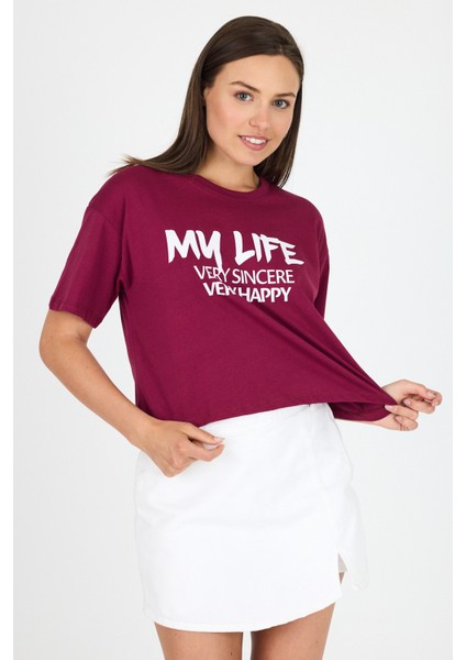 Bordo Yazı Baskılı %100 Pamuk Crop Tişört 9187M fırsatları