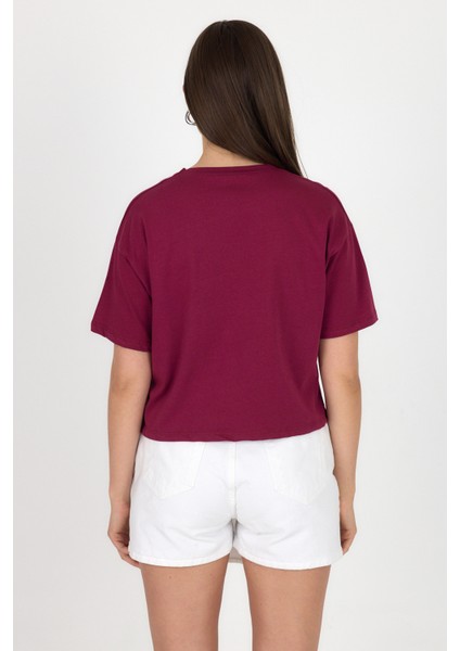 Bordo Yazı Baskılı %100 Pamuk Crop Tişört 9187M indirimleri