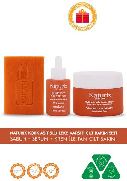 Kojik Asitli 3'lü Leke Karşıtı Cilt Bakım Seti | Sabun 100 gr + Serum 30ML + Krem 50 ml