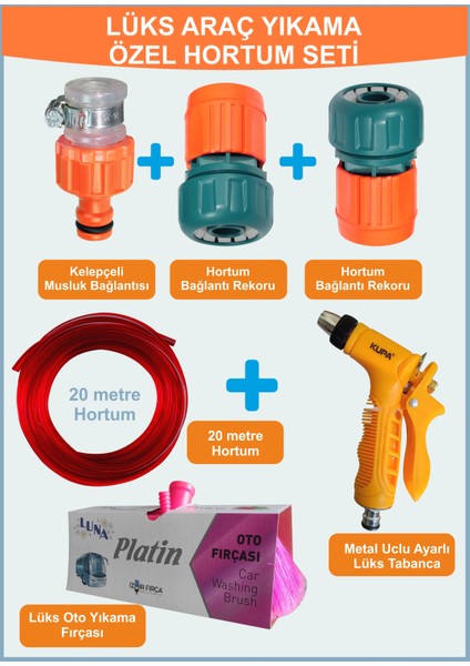 20 Metre Oto Yıkama Hortum Seti – Metal Uclu Tabanca + 9 cm Fırça + 3 Parça Bağlantı Aparatı