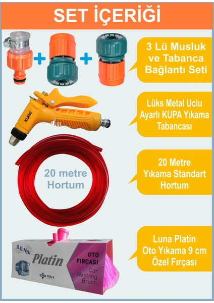 20 Metre Oto Yıkama Hortum Seti – Metal Uclu Tabanca + 9 cm Fırça + 3 Parça Bağlantı Aparatı modelleri