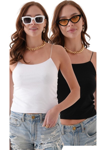 Kadın Siyah-Beyaz Lastik Askılı Regular Esnek 2'li Paket Atlet Bluz Q002U