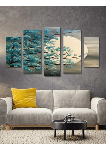 5 Parça Ahşap Dolunay Duvar Dekoru - Salon Oturma Yatak Odası Ofis Antre Için 110X60 cm Tablo Seti